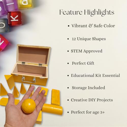 Image of Wooden Geometric Shapes Set for Students & Teachers | 12-Piece 3D Geometry Model Kit in Box | Educational Math & Physics Teaching Aids | Yellow Polished (Yellow, Small)