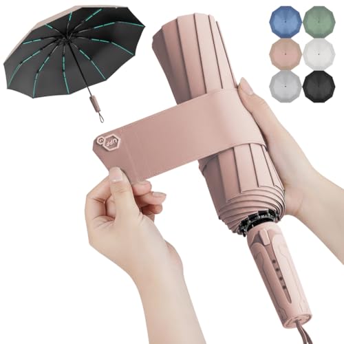 Image of LEVADA Large Windproof Automatic Umbrella 105cm, Heavy Duty with 10 Triple-Reinforced Ribs, Double Layer UV Protection Canopy, Strong & Durable Folding Umbrella (Pink)