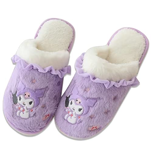 Roffatide Anime Kuromi Mignons chaussons d'intérieur en peluche avec semelle en caoutchouc pour femmes