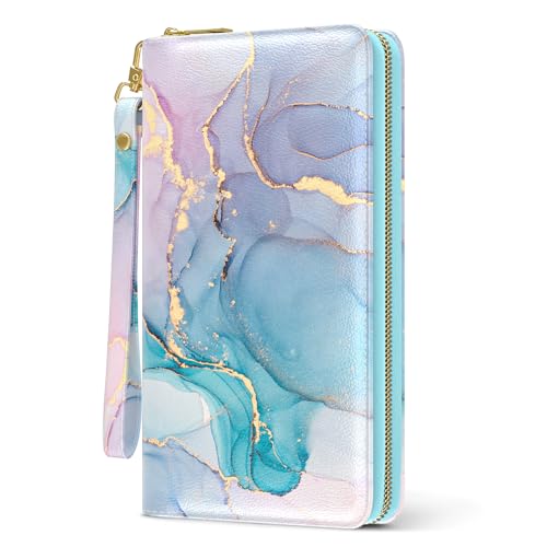 Image of Nipichsha Womens Wallet, RFID Wristlet Wallet for Women, Cute Ladies Purse, Large Credit Card Clutch Wallets with Zipper & Phone Holder, Colorful Ink Marble, Marble
