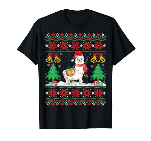 Llama Santa Hat Xmas Lights Llama Lover Christmas Ugly Style Camiseta