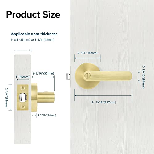 Leydebong 1 Pack Privacy Door Lock Door Handle Lever Keyless Door Knob For Bathrooms Indoor Door Levers Reversible For Interior Use, Satin Brass Finish #TOP3
