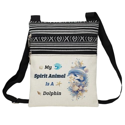 Spirit Animal Dolphin Messenger Bag Small Ethnic Pattern Printed Adjustable Strap Crossbody Zipper Bag Phone Bag Wallet Cute Shoulder Handbag for Dolphin Lovers Women Friends