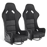 DNA MOTORING 2PCS Fixed Back Racing Bucket Seats with Dual Rails, Compatible with 5 Point Harness, Black Suede/White Stitching, RS-JBR-010-BK-WH