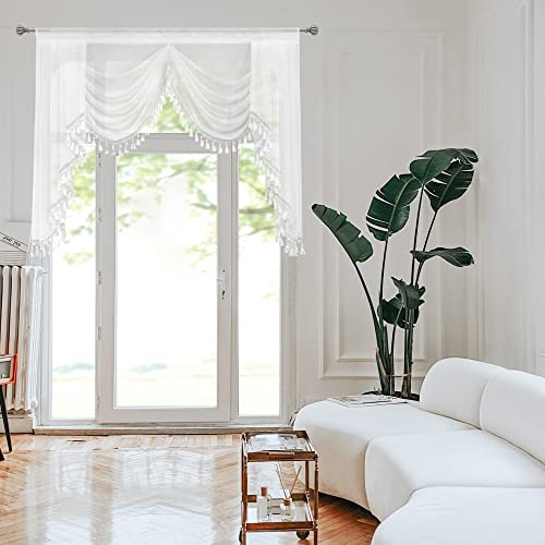 OYRING Sheer Window Valances for Living Room Waterfall Tassels Swag Topper Curtains for Bedroom Valance Curtains for Kitchen Rod Pocket (White, W59 Inch)
