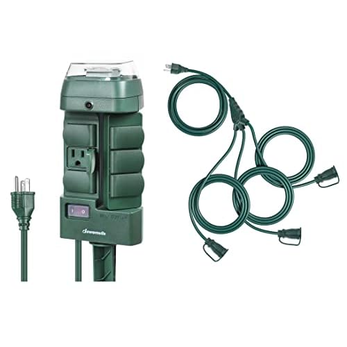 Outdoor Mechanical Power Stake Timer, Outdoor Extension Cord 1 to 3 Splitter, 3 Prong Outlets Plugs, Max 13ft End to End (25 FT Total)