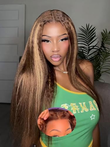 BGM GIRL 7x5 Glueless Highlight Kinky Straight Wig Human Hair 4/27 Color Pre Cut HD Lace Pre Plucked Invisible Knots 180% Density Wear Go Wigs for Women Beginner Friendly No Glue Needed 22 Inch