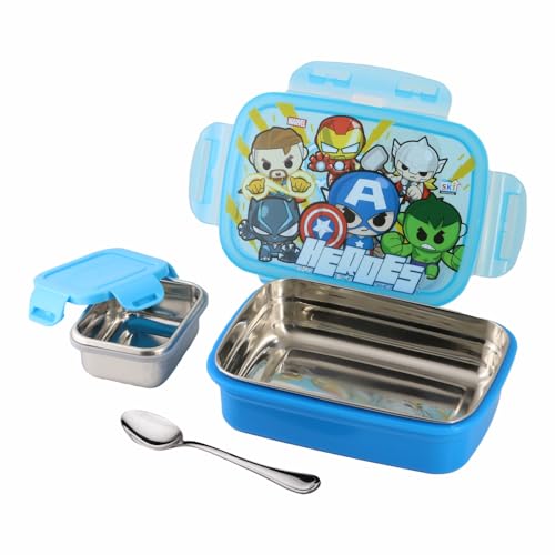 Image of SKi Homeware Snap Lock Lunch Box with Stainless Steel Removable Inner Container +125ml Steel dabbi + Steel Spoon | Leak Resistant | Avenger