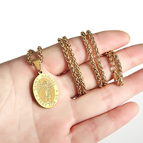 P. BLAKE Oval Saint Christopher/Michael/Joseph/Jude/Virgin Mary/Joseph/Francis/Patrick/Anthony/Benedict/Thomas Necklace for Men Women, Stainless Steel Catholic Patron Pendant with Chain 24 Inches