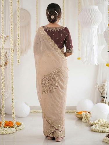 Image of SIRIL Women's Shimmer Georgette Scalloped Border Sequins Embroidery Saree with Unstitched Blouse Piece