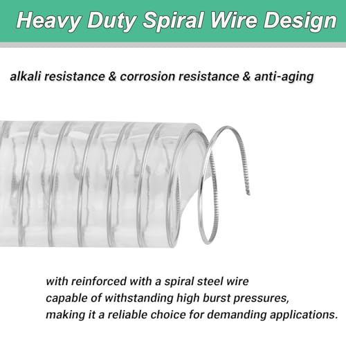 Image of Wire Reinforced Hose 1-1 /2 inchid x10ft Clear Suction Line Plastic Vinyl Tubing | Heavy Duty Spiral Steel Flexible Hose High Pressure, Drain Water Fuel Dust Colleciton Marine Pool Pump Spa