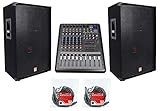 2) Rockville RSG15 15 3-Way 3000w DJ/Pro Audio PA Speakers+Powered Mixer+Cables