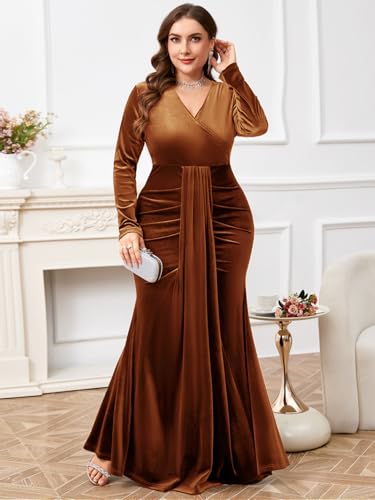 Zomva Plus Size Velvet Wrap Dress Long Sleeve V Neck Mermaid Maxi Formal Evening Gowns For Wedding Guest Cocktail Party, Rust Brown, 4X #TOP16
