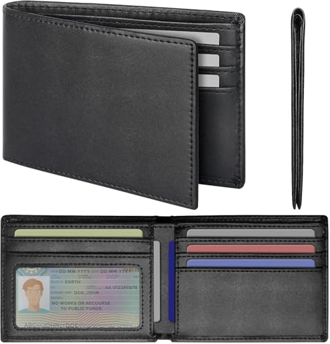 Genuine Leather Wallet for Men, Slim Bifold RFID Blocking with ID Window, Minimalist Design for Daily Use, Stylish and Functional (Black)