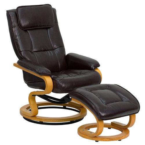 Flash Furniture Contemporary Multi-Position Recliner and Ottoman with Swivel Maple Wood Base in