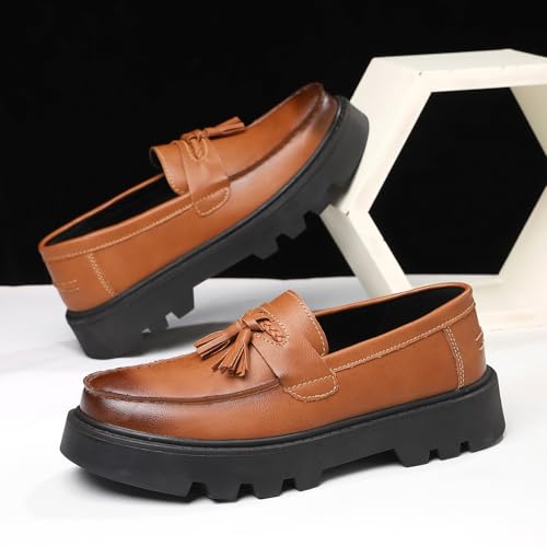 Image of Men's Black Soft Patent Leather Platform Chunky Heel Loafers Fashion Tassel Business Casual Formal Work Shoes Non-Slip Lug Sole Slip-On Penny Loafers