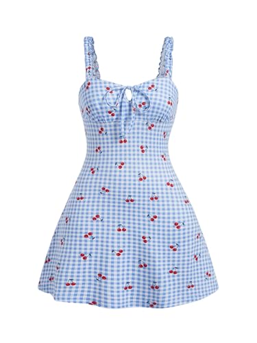 Image of MakeMeChic Women's Gingham Cherry Print Cami Dress Tie Front Sleeveless Mini Dresses Sundress