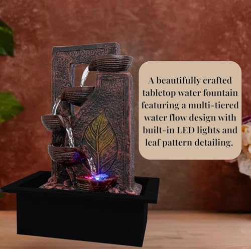 Image of UAG EXPORTS Polyresin Leaf-Design Tabletop Indoor Waterfall Fountain | Elegant LED Water Feature with Adjustable Flow Pump | Stylish Home & Office Decor Showpiece, White Color- Copper