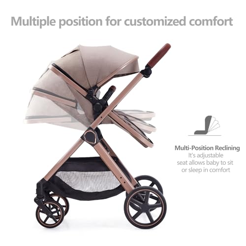 2 in 1 Baby Stroller, Newborn Infant Toddler Convertible Pram Stroller for 0-36 Months Old Babies (Beige)