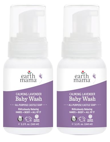 Image of Earth Mama Calming Lavender Baby Wash Liquid Foaming Hand Soap, Organic All-Purpose Lavender Body Wash for Sensitive Skin, Castile Soap with Coconut Oil, Shea Butter, Calendula, & Aloe, 5.3Fl Oz (2PK)