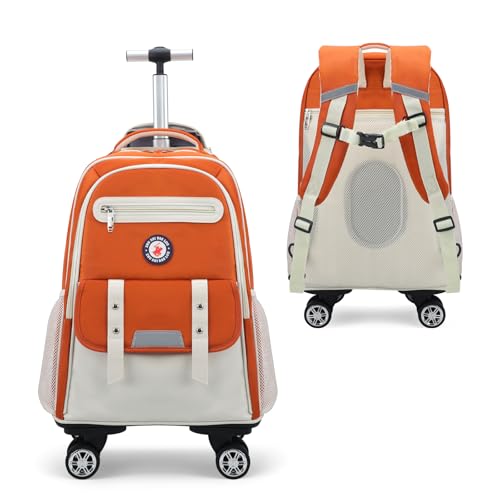 Egchescebo Kids Rolling Backpack for Girls Suitcases Trolley Roller Luggage Backpacks with Rotating Wheels Laptop for Elementary 18” Travel School Bag Mochila Ruedas Para Niños Orange2