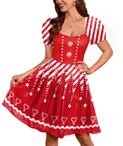 ALIREVERIE Womens Candy Cane Print Dress Christmas Sweetheart Neckline Short Puff Sleeve Costume Red Stripes L