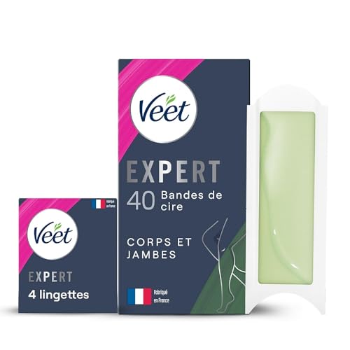 Veet Expert – 40 tiras de cera fría para piel seca – Depilación duradera – Acabado perfecto con aceite de almendras dulces