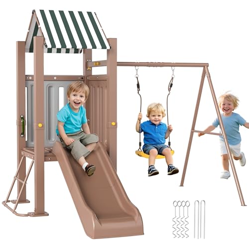 Qaba 4-in-1 Kids Swing Set with Slide Heavy-Duty Outdoor Ages 3-8 Brown