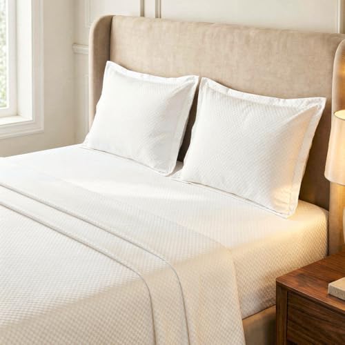Image of LANE LINEN 400TC 100% Cotton Micro Check King Size Bedsheet - White | OEKO-Tex Certified, 108 x 108 Inch, Fits King & Double Size Bed, Breathable & Wrinkle-Free, Includes 2 Pillow Covers