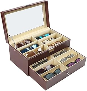 Kurtzy Faux Leather 12 Slots Lockable Sunglasses Display Organiser Box - 2 Tiers and 12 Compartments for 12 Glasses with Lock and Key for Sunglasses, Eyeglasses and Spectacles - Brown Sunglasses Case
