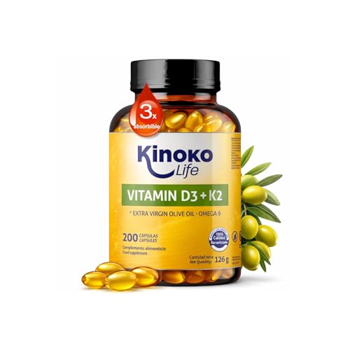 Vitamina D3 y K2 200 Cápsulas Liquidas con Omega 9 y Aceite de Oliva Virgen. Vitamina D3 2000 ui + Vitamina K2 MK7 100 μg Dosis equilibrada. Alta Absorción 3x. Apoyo Óseo e Inmunitario. d3 k2