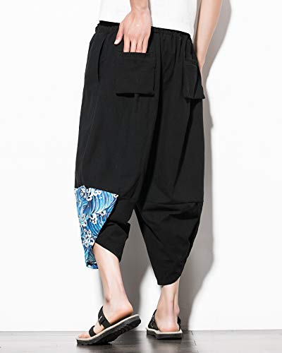 PRIJOUHE Men's Casual Wide Leg Baggy Harem Pant Lightweight Drop Crotch Summer Beach Linen Capri Pants2