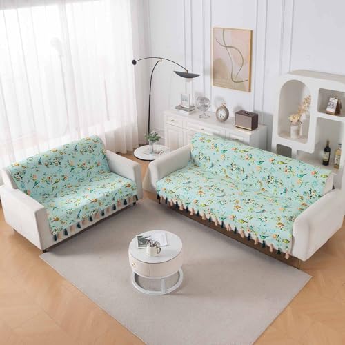 Image of HOKIPO Premium Holland Velvet Sofa Cover with Tassel 5 Seater (3+2) | Full Protection for Sofa Seat and Back | 'Whispers of Nature' | Mint Birdsong Blossom (IN-1127+1126-D3)