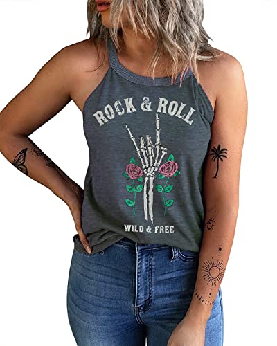 IRISGOD Womens High Neck Tank Tops Summer Graphic Halter Sleeveless Rocker Tee Shirts