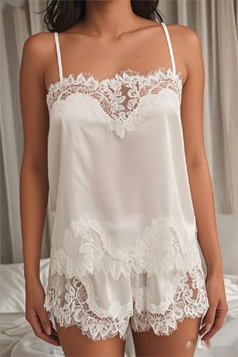 Image of ROAONOCOMO Women Lace Trim Pj Shorts Set Square Neck Coquette Tank Top Silk Satin Pajama Set Babydoll 2 Piece Shorts Outfit