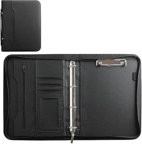 WOHANMU システム手帳 メモ帳 ビジネス手帳 PUレザーカバー A4クリップボード スケジュール帳 ルーズリーフ式 4リングバインダー付き ジッパー付き 二つ折り 書類ホルダー おしゃれ クレジットカード名刺収納 ビジネスオフィス用品 (ブラック)