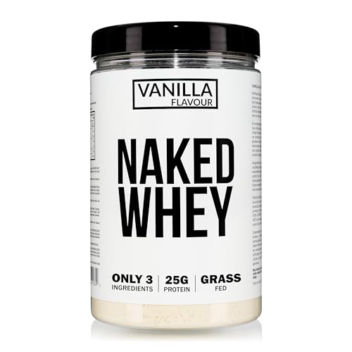 Naked Vanilla Whey Protein Powder Only 3 Ingredients Grass Fed Gluten Free Soy Free GMO Free 25g Protein and 6g BCAAs per Scoop 12 Servings 450g