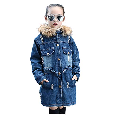 OutTop Kids Boys Girls Sherpa Fleece Lined Jacket Winter Warm Fur Hooded Trendy Broken Thickened Denim Coat Outwear (Blue, 7-8 Years)