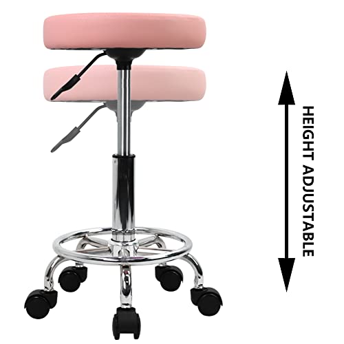 Image of KKTONER PU Leather Round Rolling Stool with Foot Rest Swivel Height Adjustment Spa Drafting Salon Tattoo Work Office Massage Stools Task Chair (Pink)