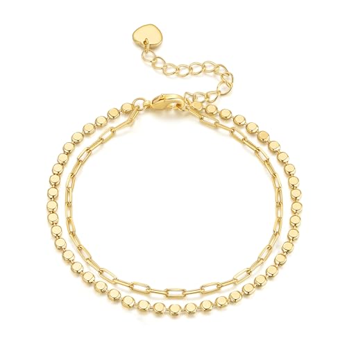 VSNPO Gold Bracelets for Women 14K Gold Bracelets for Women Double Layer Bracelet for Womens Stylish Flat Bead & Paperclip Link Chain Bracelet for Womens