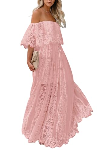 Image of HOYISHION Women's Off The Shoulder Floral Lace Maxi Dress White Bridesmaid Wedding Party Maternity Photoshoot Long Dresses