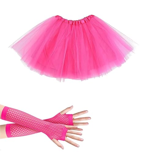 XcnPer Pink Tutu Pink Tutu Skirts for Women with 1Pair Fishnet Gloves Tulle Fabric Skirts Perfect for Halloween Dance Performances and 80s Themed Events Party