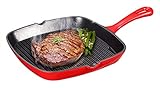 Unicook Small Enameled Cast Iron Skillet 9.25 Inch, Heavy Duty Square Frying Pan, Perfect for Steak, Panini's and More, Red