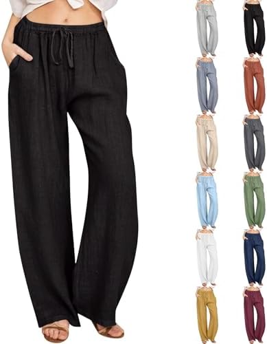 Womens Cotton Linen Palazzo Pants Summer Wide Leg High Waisted Pant Beach Vacation Trousers with Pockets