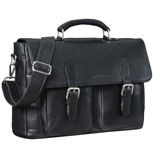 STILORD Owen Laptop Aktentasche Leder Vintage Lehrertasche Schultertasche für MacBook 15 Zoll Satchel Bag Tasche zum Umhängen ideal für Business Büro Trolleys Farbe:schwarz