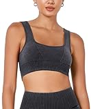 ODODOS Seamless Square Neck Sports Bra for Women Ribbed Crop Tank Casual Low Back Cropped Tops, Stone Washing Black, X-Small/Small