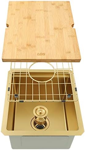 LQS Bar Sink, Gold Undermount Bar Sink, RV Sink, Stainless Steel Bar Sink 15" x 17", 16 Gauge Workstation Sink, Small Single Bowl Kitchen Sink with Cutting Board, Sink Protectors and Accessories