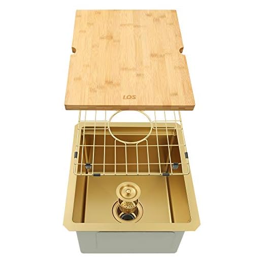 LQS Gold Undermount Bar Sink, RV Sink, Handmade Stainless Steel Bar Sink 15" x 17", 16 Gauge Workstation Sink, Small Single Bowl Kitchen Sink with Cutting Board, Sink Protectors and Accessories