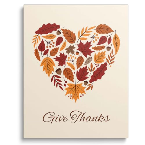 Vintage Thanksgiving Canvas Wall Art, Give Thanks Heart Leaves Poster
