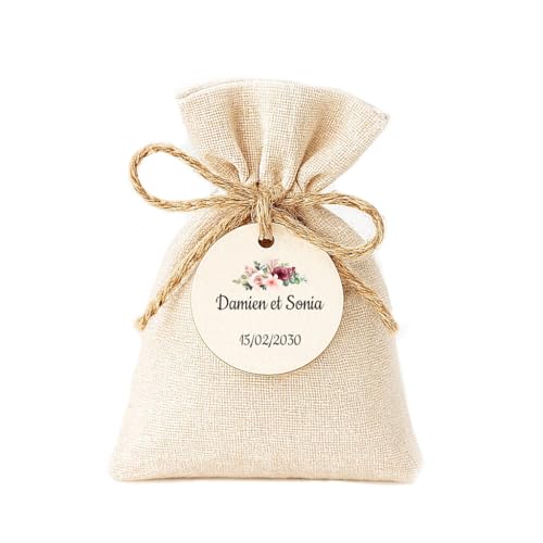 Étiquettes rondes en bois naturel – Lot de 25 – 4 cm – Dessin fleur – Idéal pour mariage, baptême, sachets à dragées et cadeaux invités